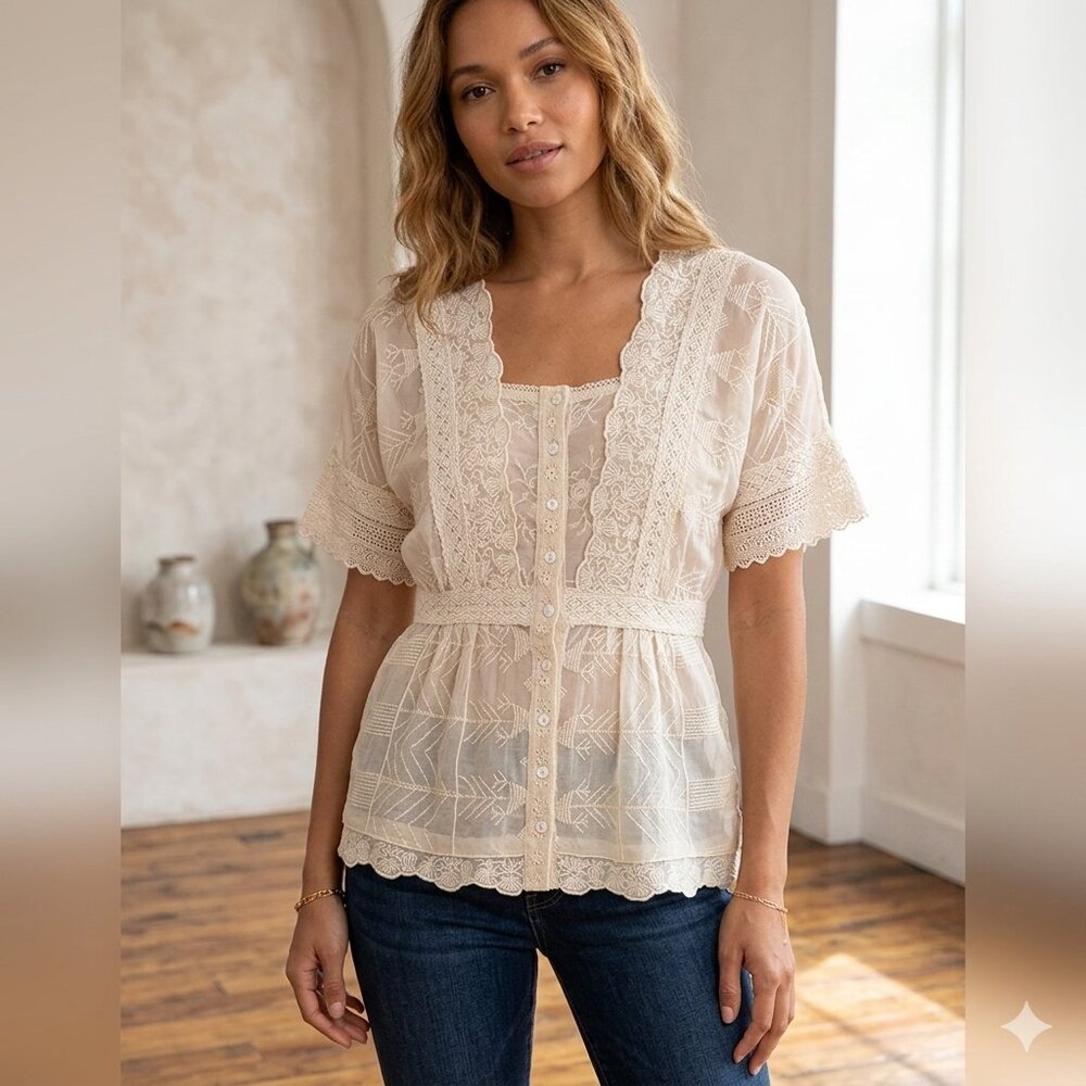 Johnny Was Ivory/Cream Embroidered Top